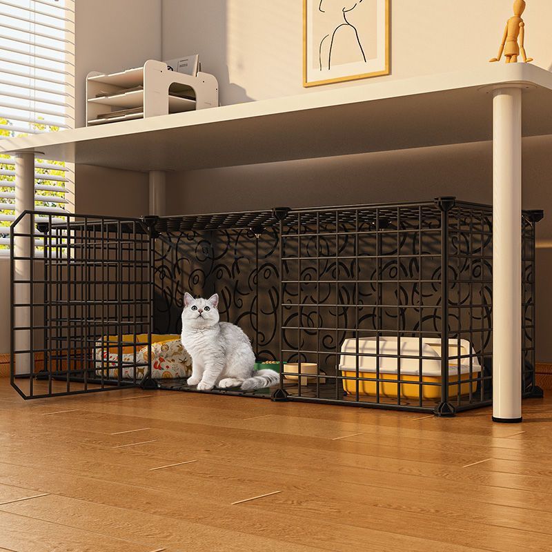 Indoor plastic cat cage with litter area and cat bed, view 1