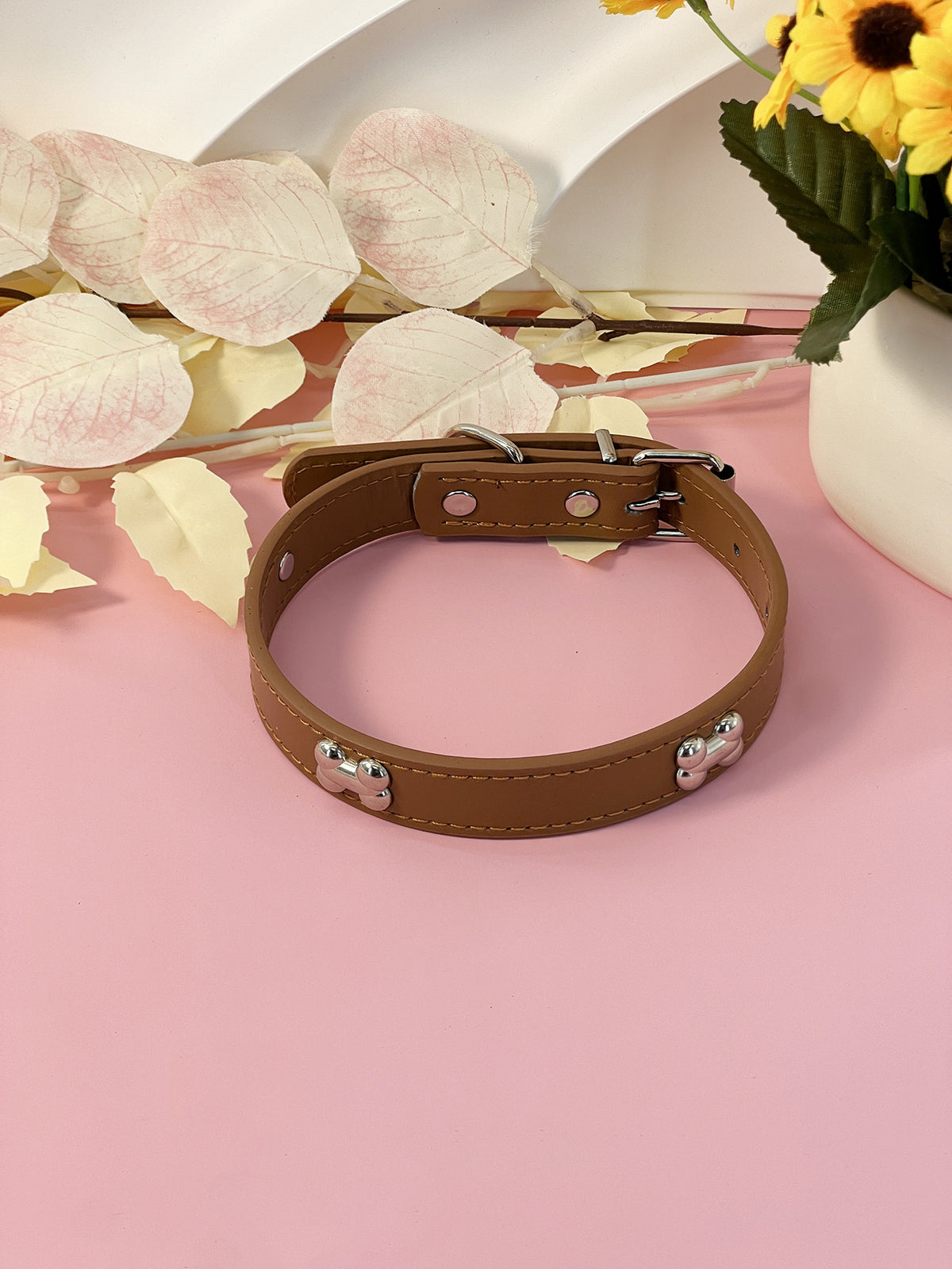 Adjustable PU leather dog collar in Light Blue, in use with a pet