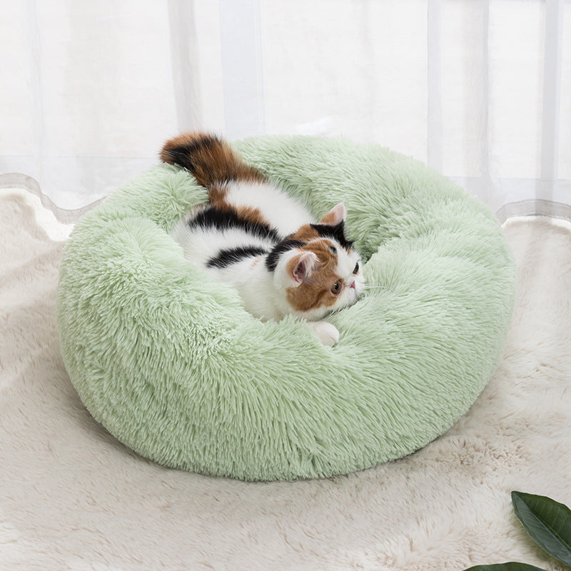 Light grey round plush pet bed with deep nest shape, photo 10