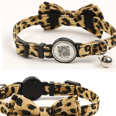 Leopard print cotton cat collar with QR code ID tag, product image 1
