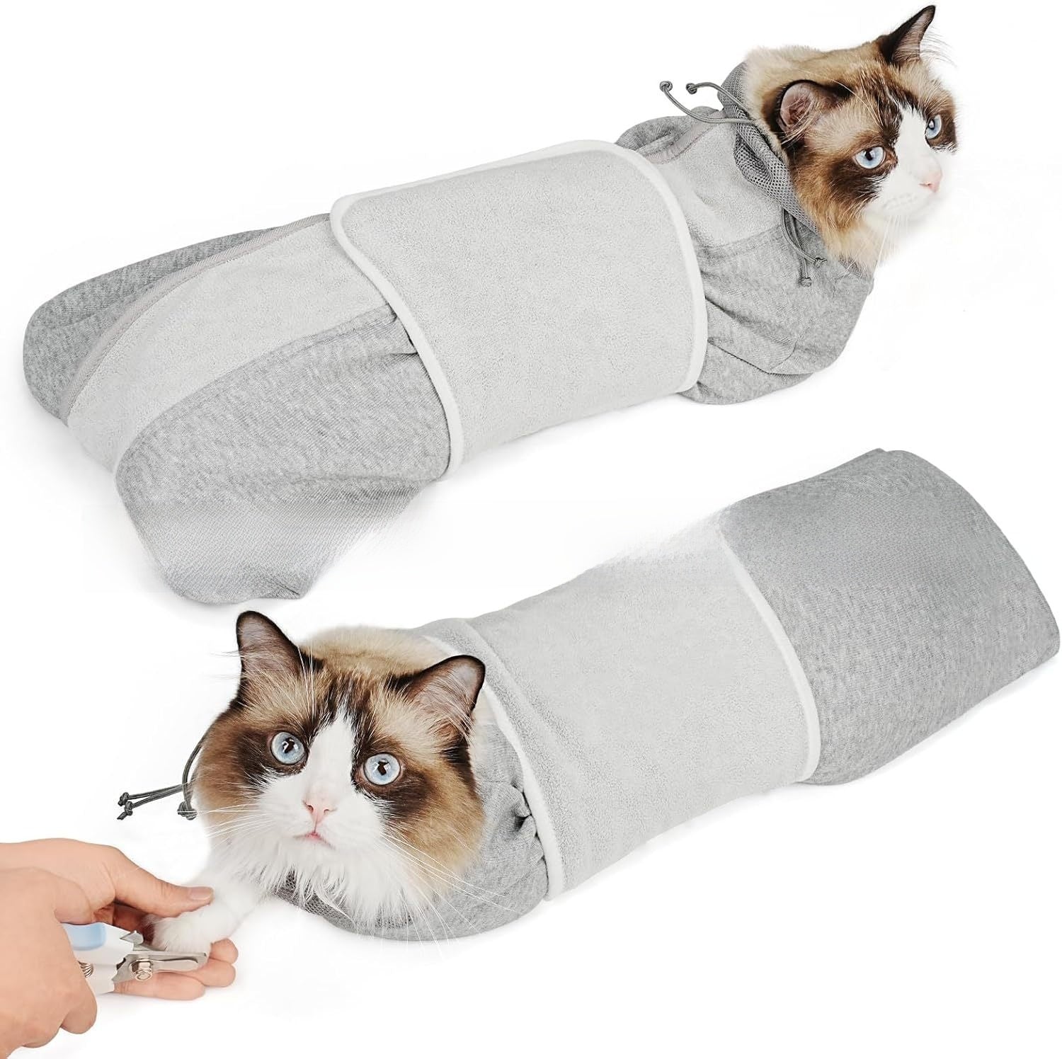 Grey pet grooming swaddle bag for dogs and cats, available in 2 styles, image 6