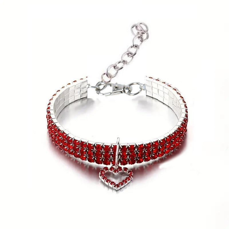 Rhinestone elastic pet collar with charm in Pink Bone, side view