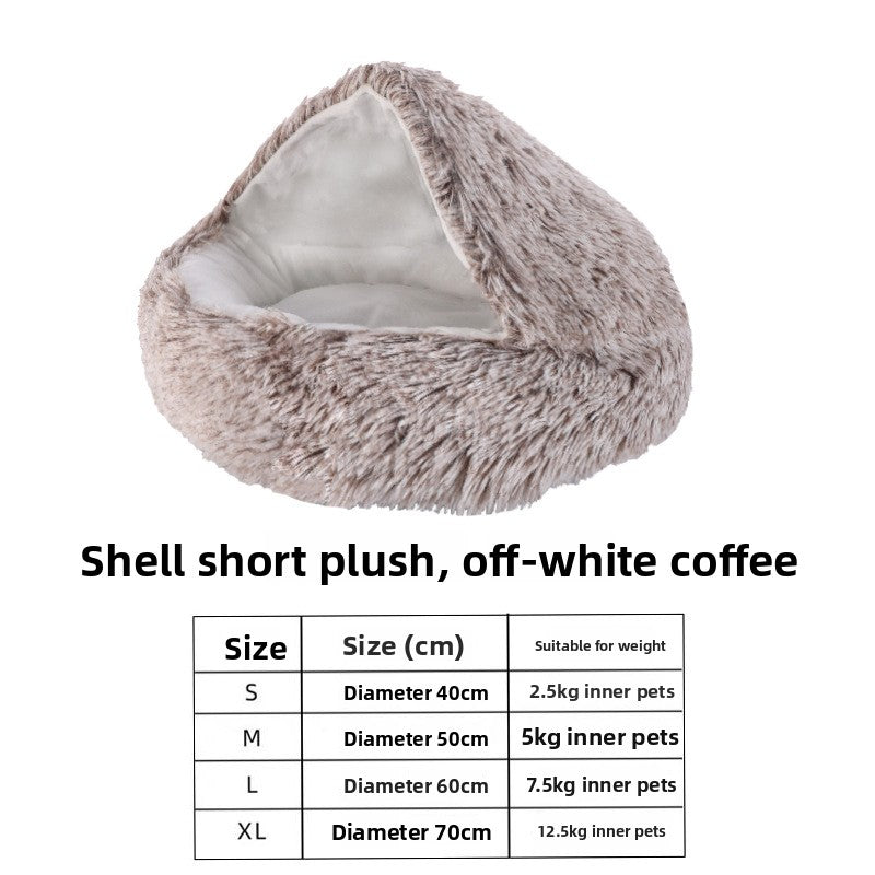 Semi-enclosed shell cat bed in soft plush, photo from another angle