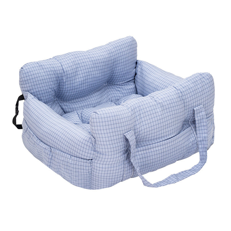 Dark grey padded dog car booster seat bed with strap, view 22
