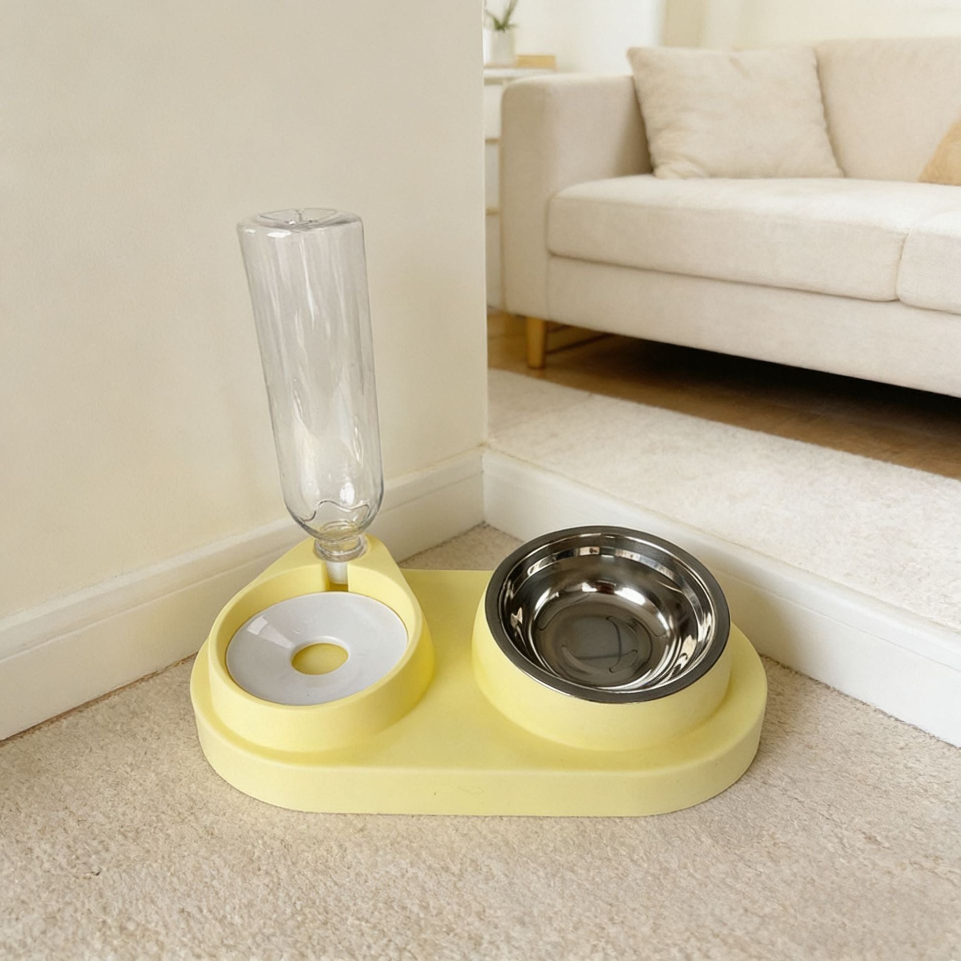 Slanted Double Pet Food and Water Bowl in Stainless Steel or Ceramic, Cat and Dog Designs