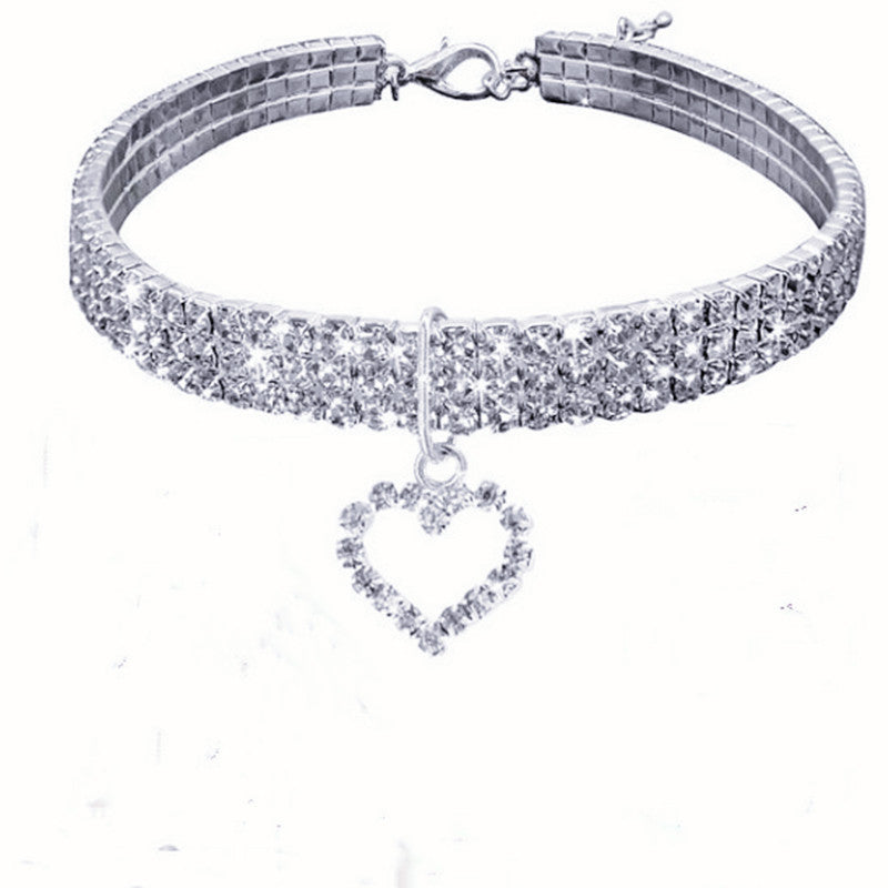 Elastic crystal pet necklace collar with silver plated charm in white, view 9