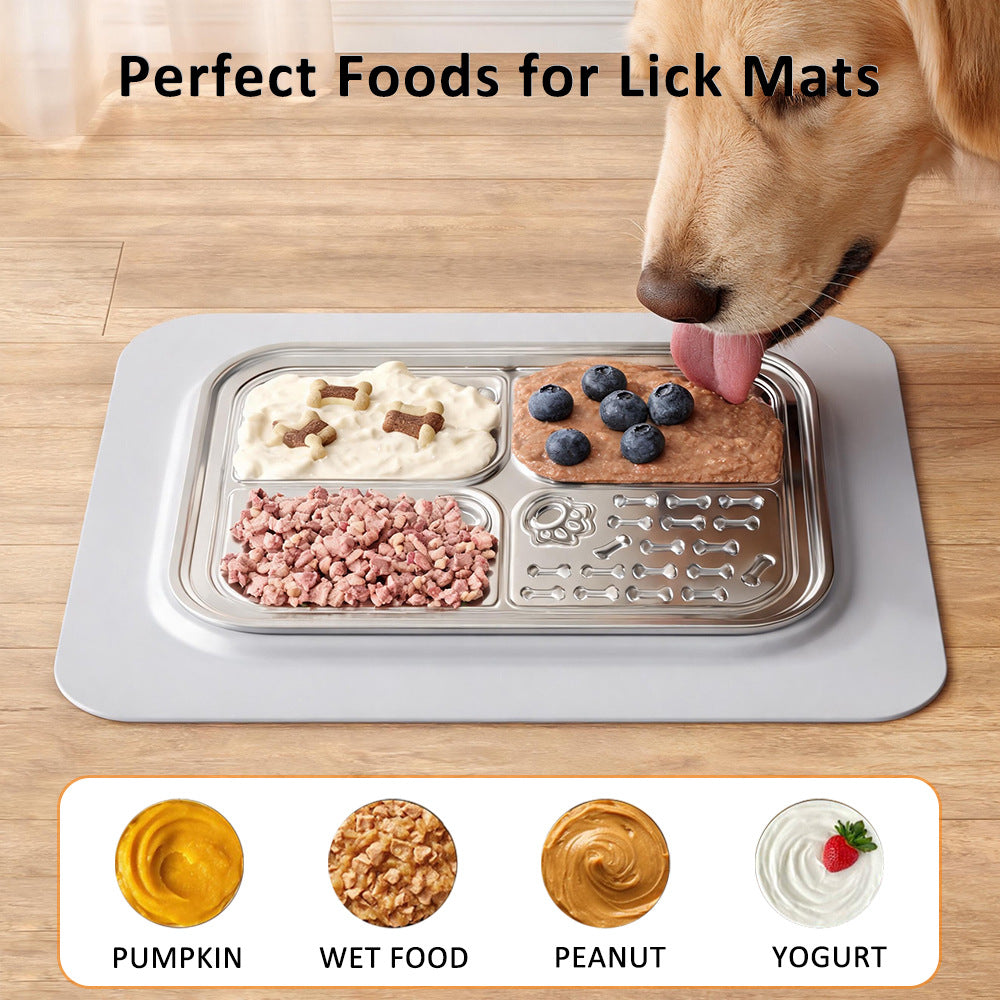 304 Stainless Steel Pet Licking Dish with Silicone Mat and Spatula for Wet Food