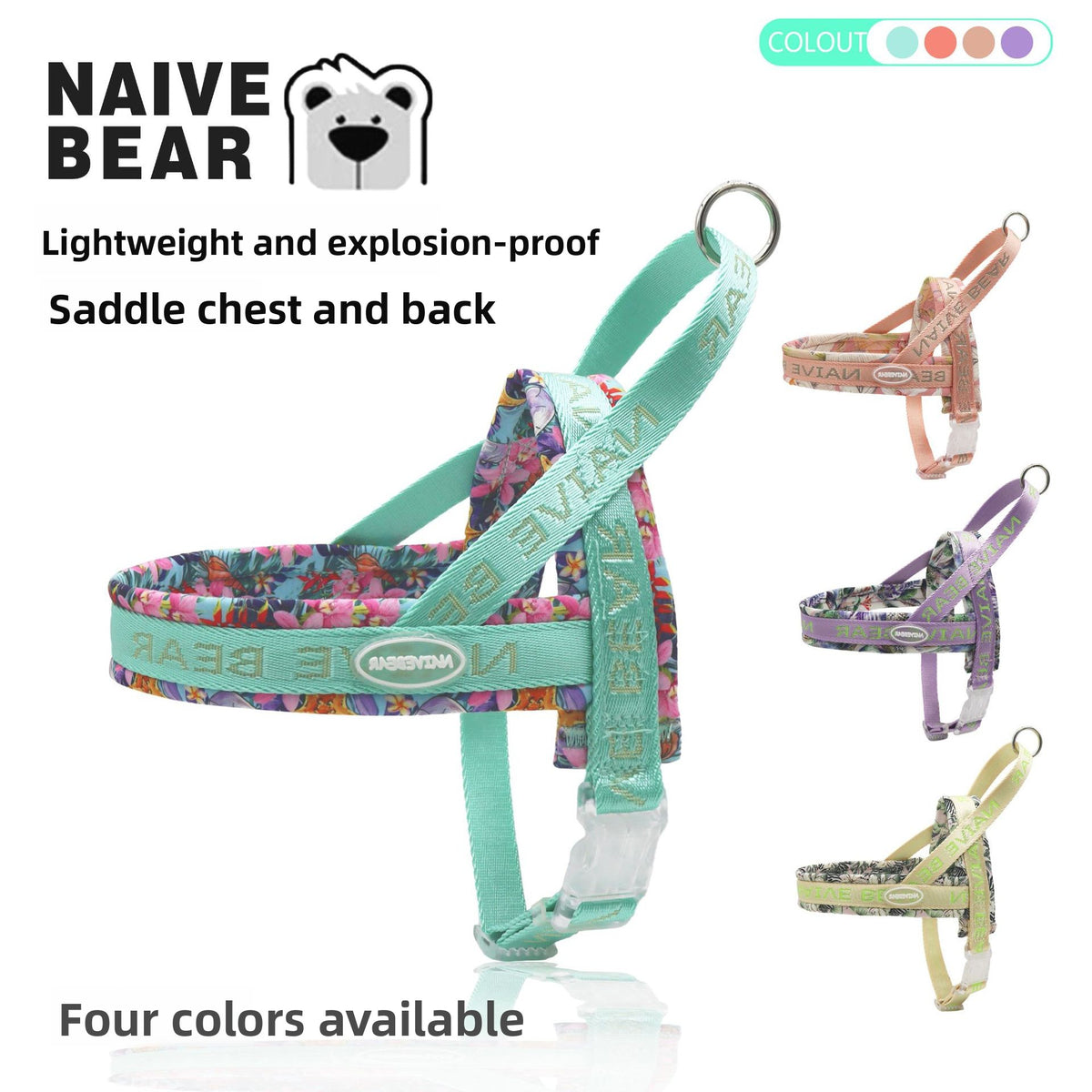 Printed saddle dog harness in cyan blue with retractable lead