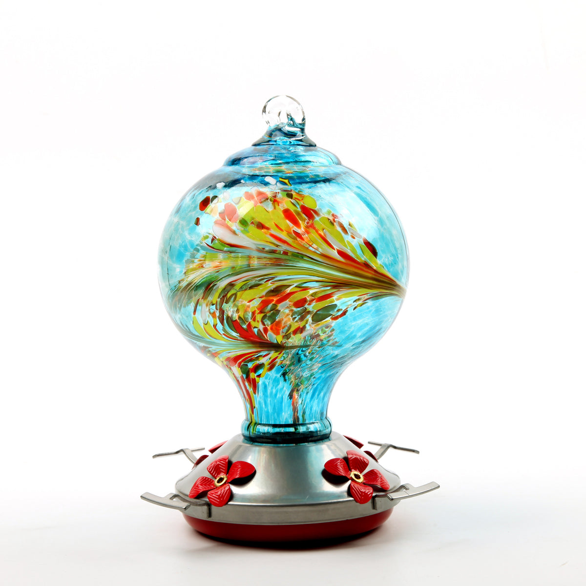 Hand-Painted Glass Hummingbird Feeder with Ant-Proof Hook, Metal Hanger and Cleaning Brush