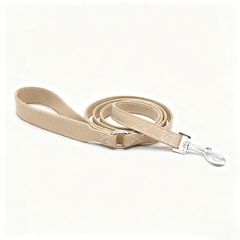 PU leather dog collar and lead in apricot with bag holder