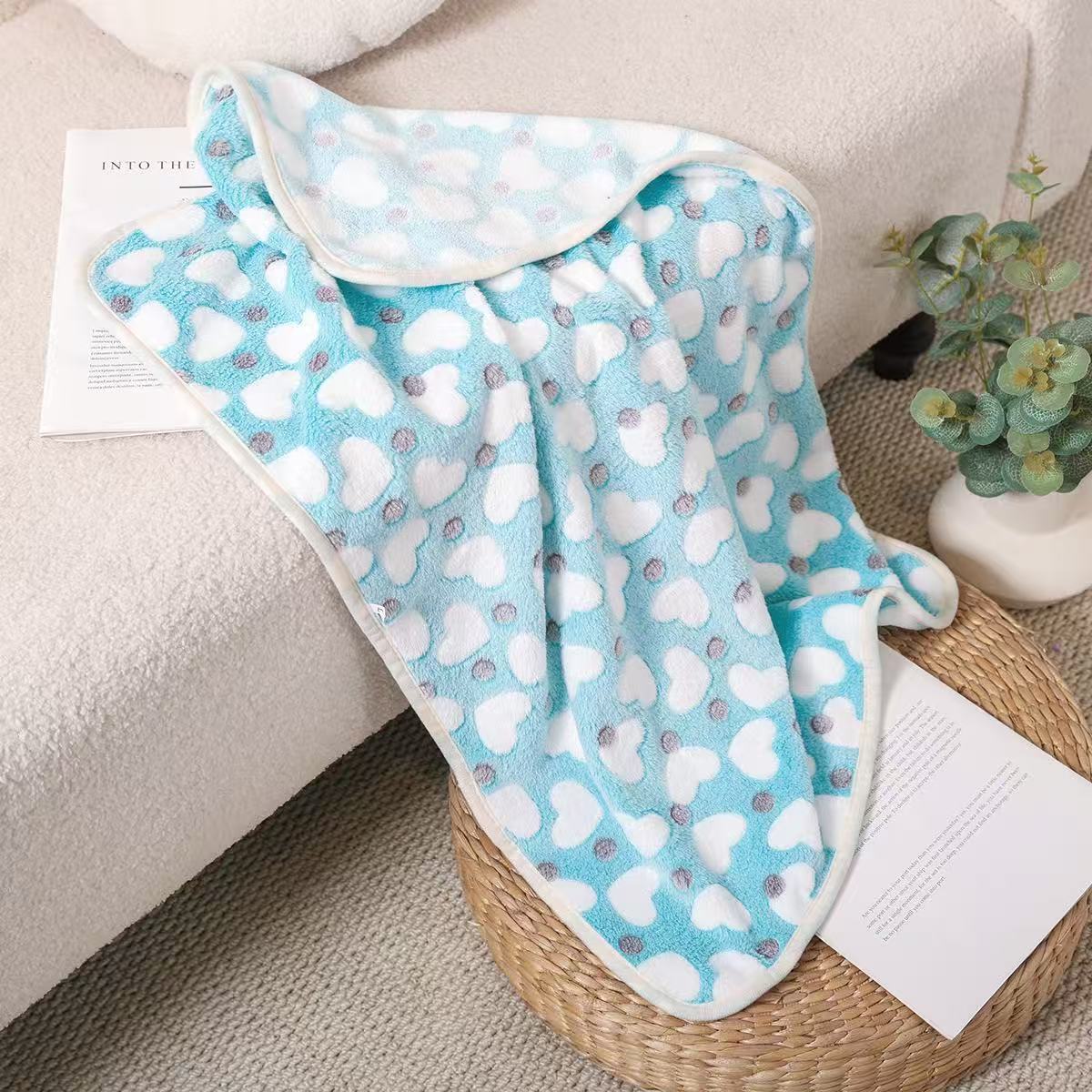 Soft warm fleece blanket for small pets in Pink with Blue Hearts
