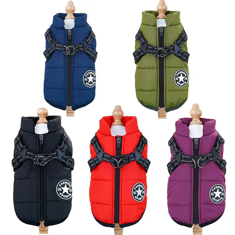 Waterproof padded dog winter coat with cotton insulation in Red, front view