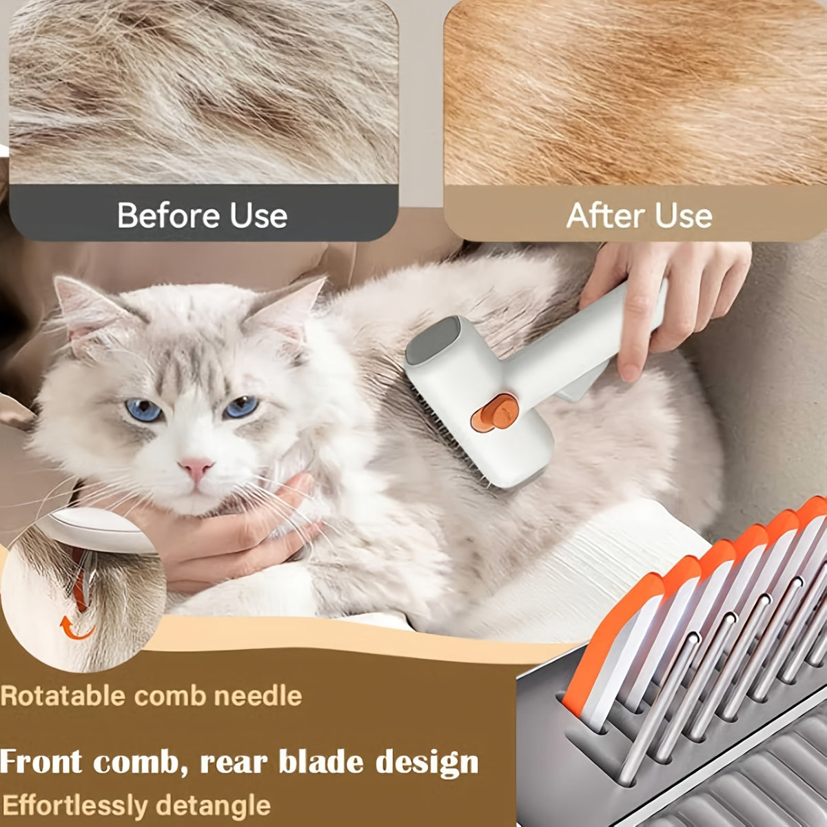 Two-in-One Pet Detangling Brush with Push-Button Fur Release