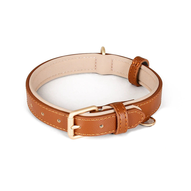 Brown leather look dog collar and lead set with metal buckle