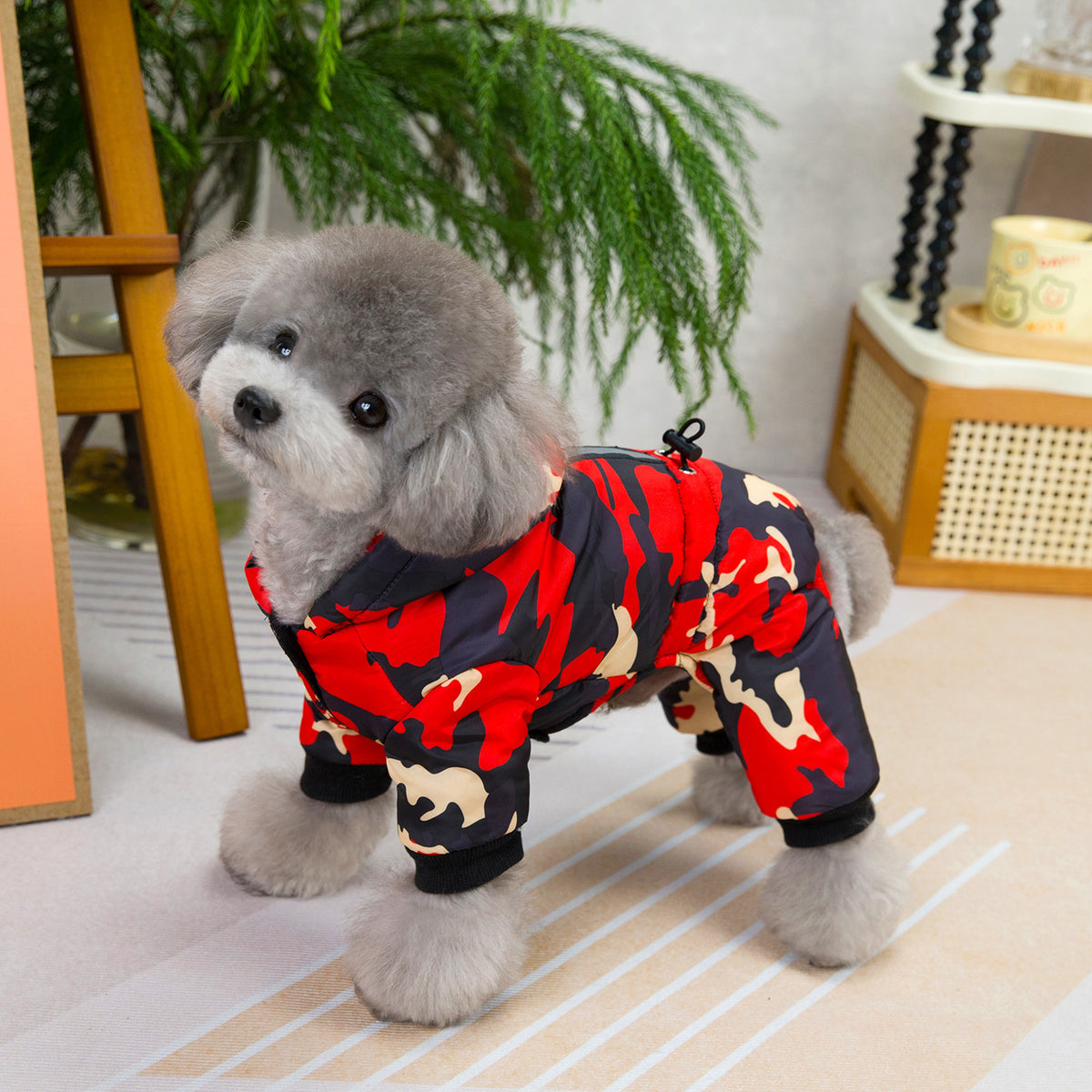 Reflective camo four leg dog coats in red and blue