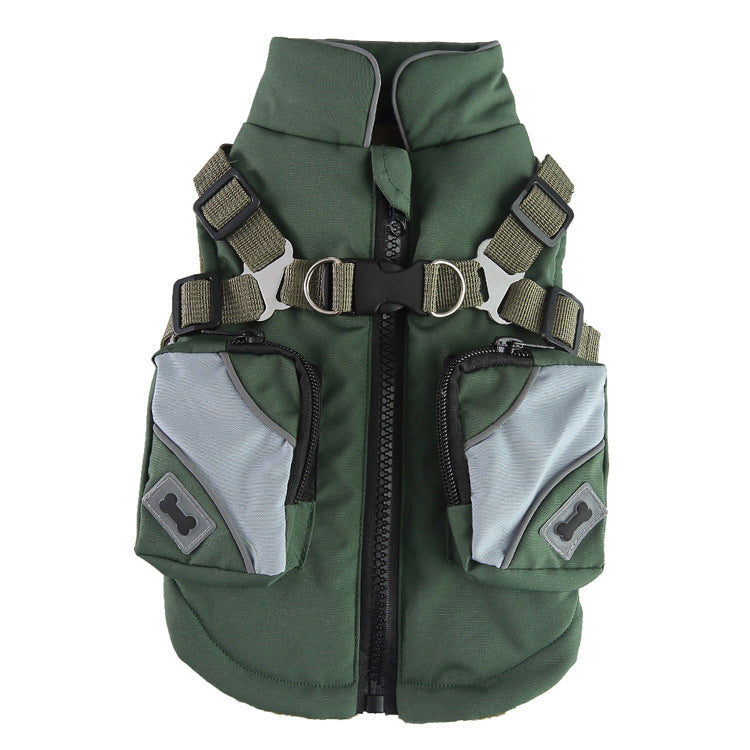 Padded dog chest jacket with zip and reflective straps, close-up detail