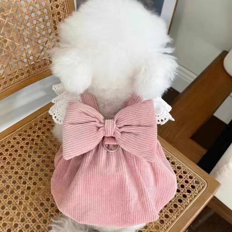 Pink corduroy pumpkin skirt pet dress with bow in Pink Corduroy, material detail