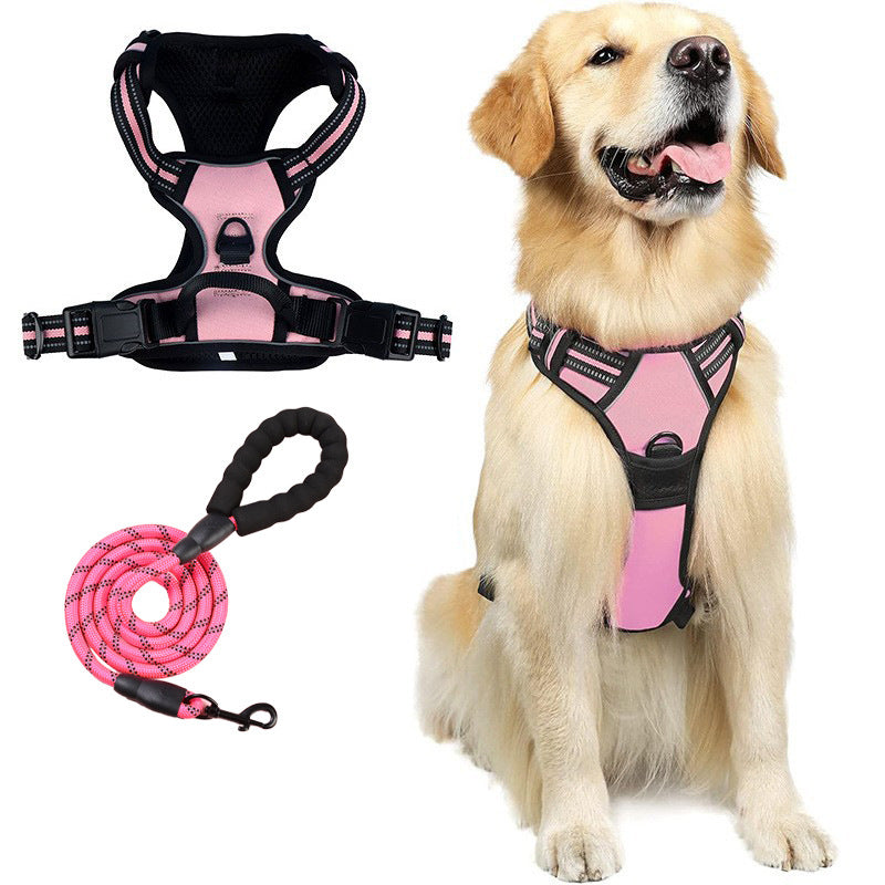 Burst proof dog harness shown in bright colours with round rope lead