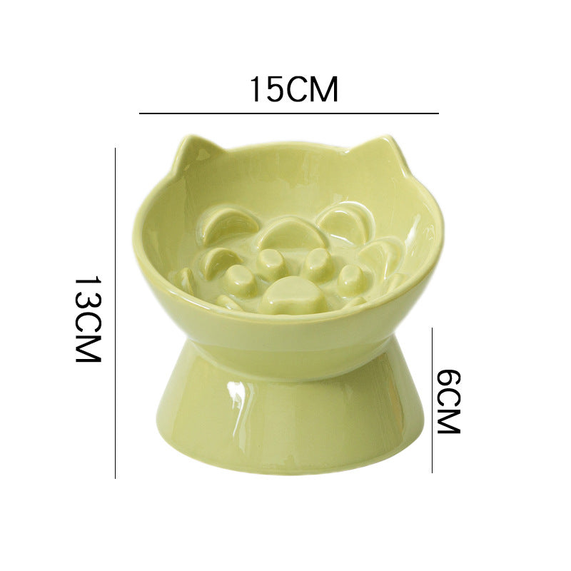 Ceramic High-Foot Cat Bowl with Slanted Rim, Slow-Feeding Feature and Ear Handles