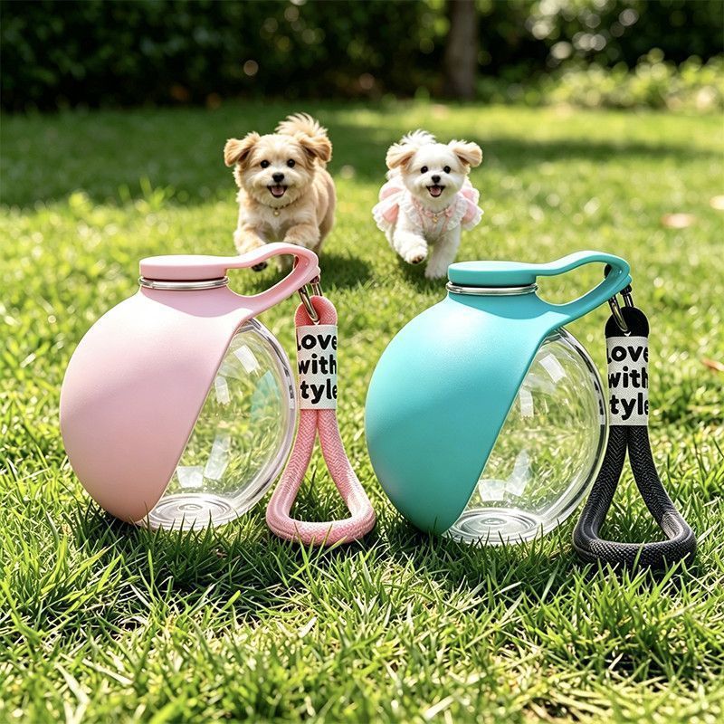 Blue foldable portable pet water bottle for walks, view 1