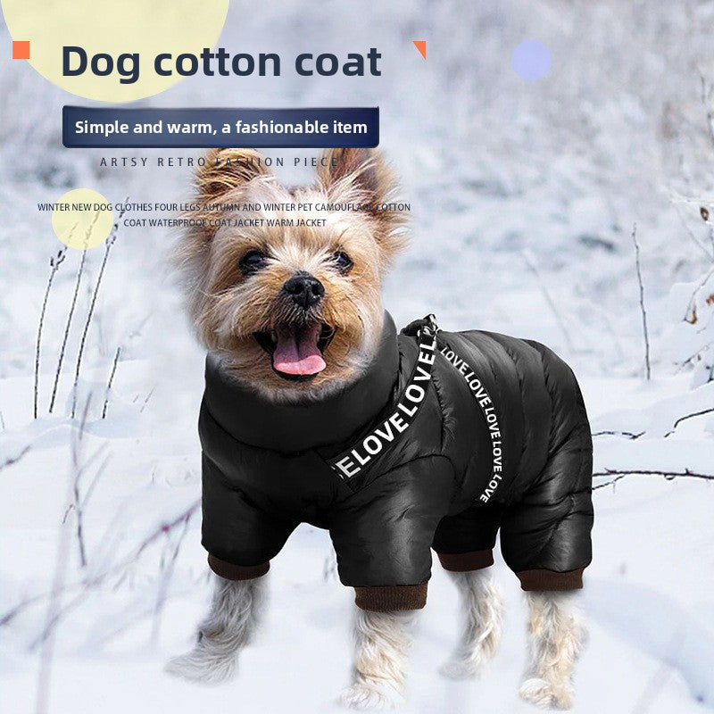 Fleece lined four-leg padded dog coat in Black, front view