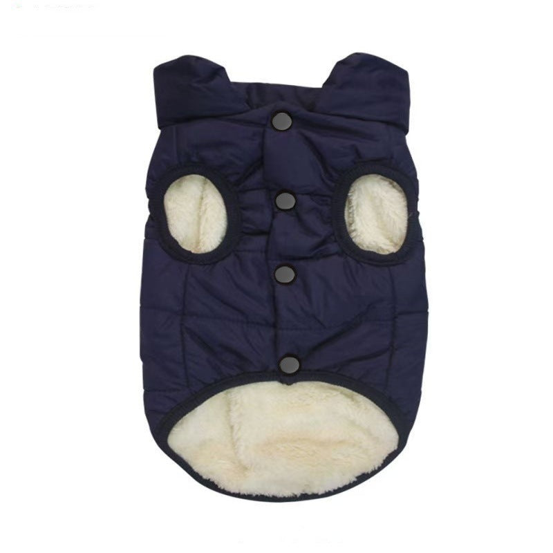 Thick padded dog vest coat for cold weather in Navy Blue, close-up detail