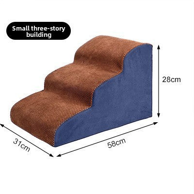 Brown and Blue compact 3 step foam dog stairs measuring 58 x 31 x 28cm