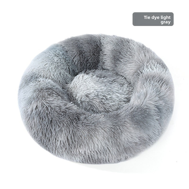 Plush round padded dog and cat bed in Tie-Dye Light Grey