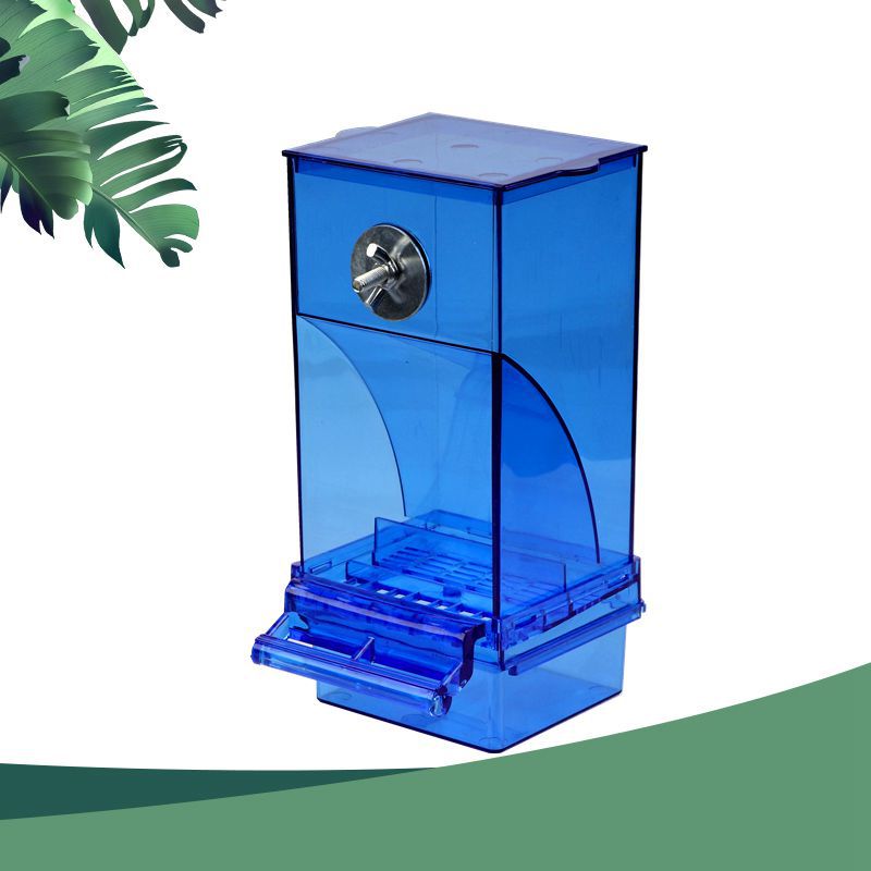 Anti splash cage mounted parrot feeder box in clear plastic, view 2