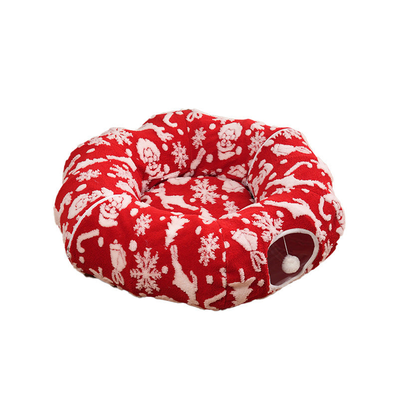 Round Christmas donut cat tunnel bed with festive print, product image 5