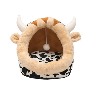 Semi-enclosed washable cat bed with cute animal print design, photo 25
