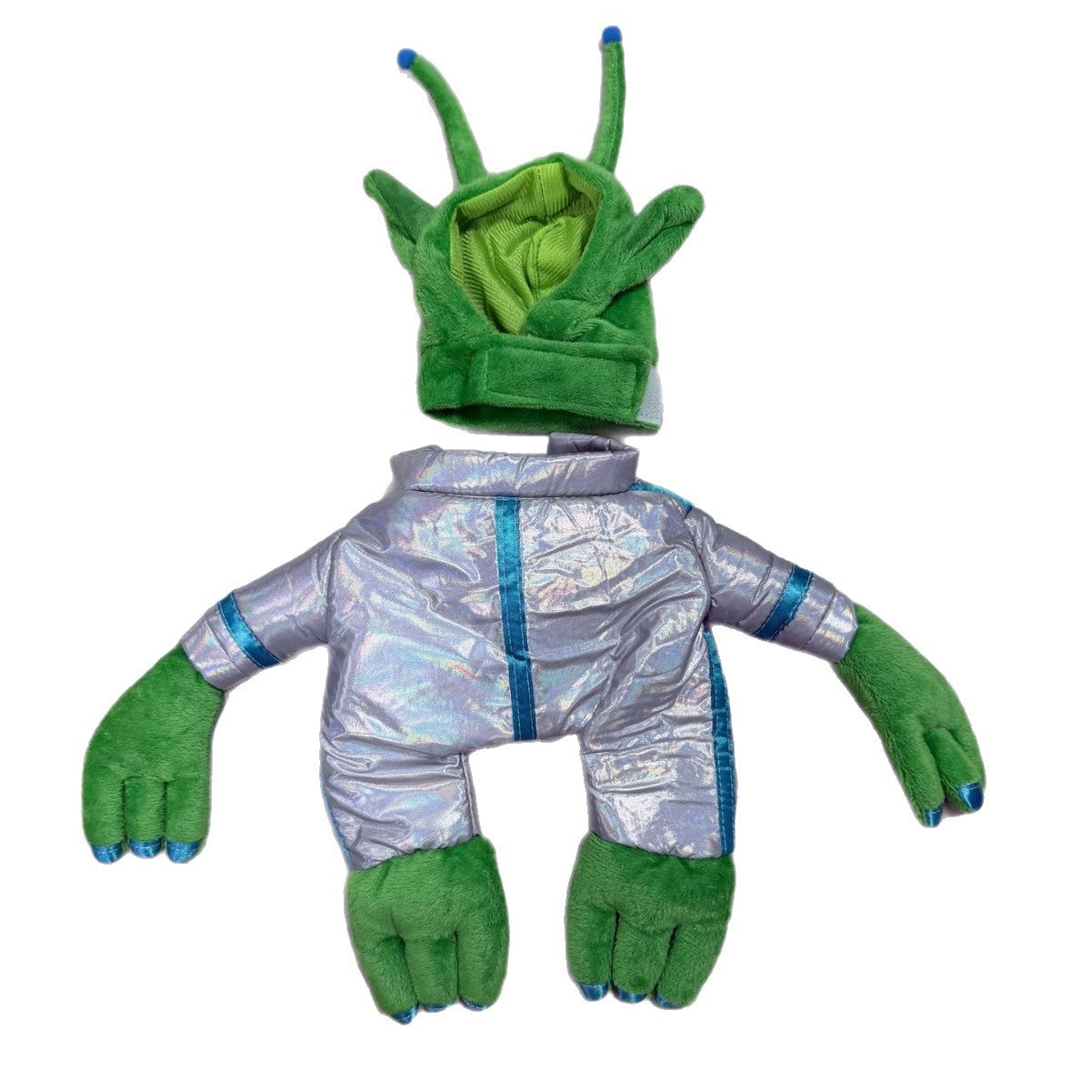 Small dog dressed in a funny green alien costume