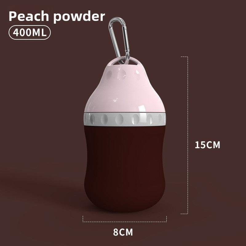Portable silicone pet water bottle with built-in bowl, showing size and shape