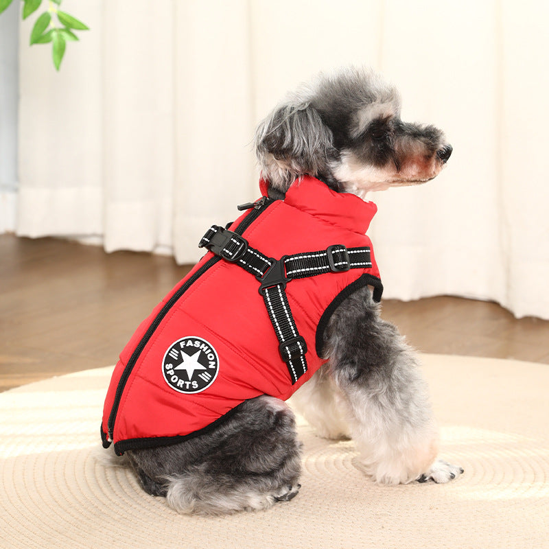 Padded cotton dog jacket with built-in lead vest in Black, close-up detail