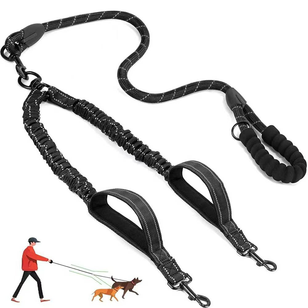 Tangle free two dog lead with poo bag holder in orange