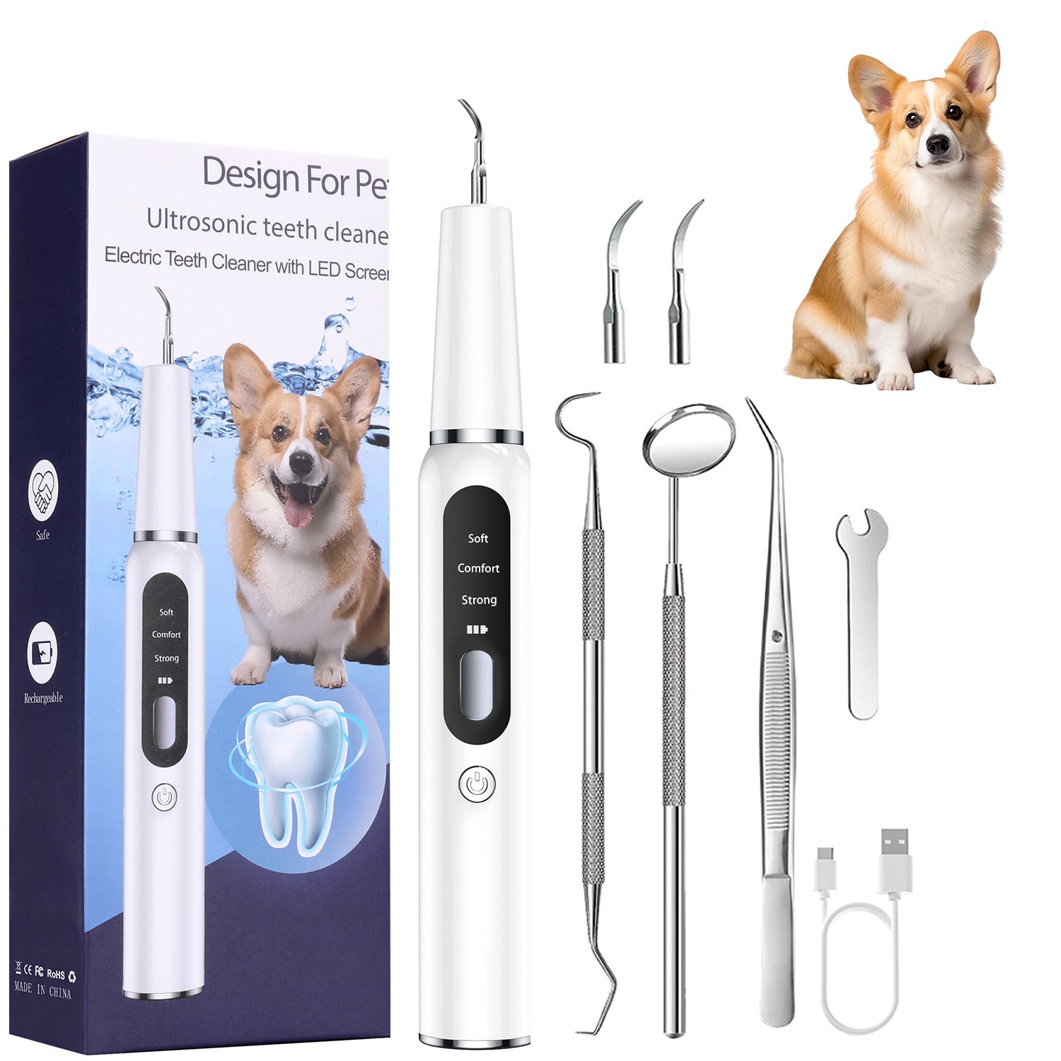 Ultrasonic Dog Tooth Cleaning Set for Home Dental Hygiene, Three-Piece Kit with Travel Box
