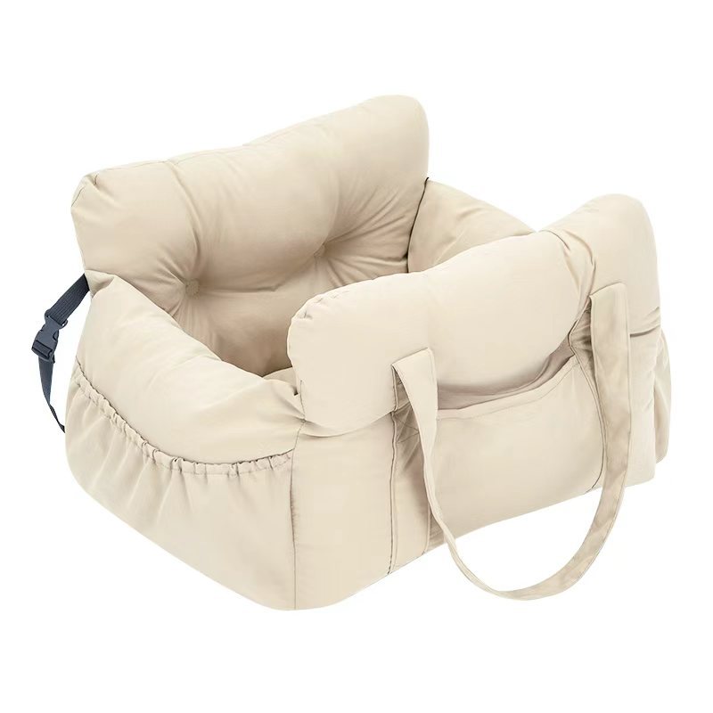 Dark grey padded dog car booster seat bed with strap, view 10
