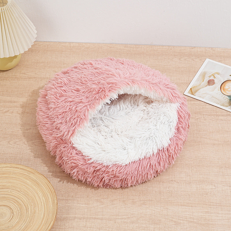 Semi-enclosed shell cat bed with plush lining in Pink, Fluffy Lining, size 50cm Diameter