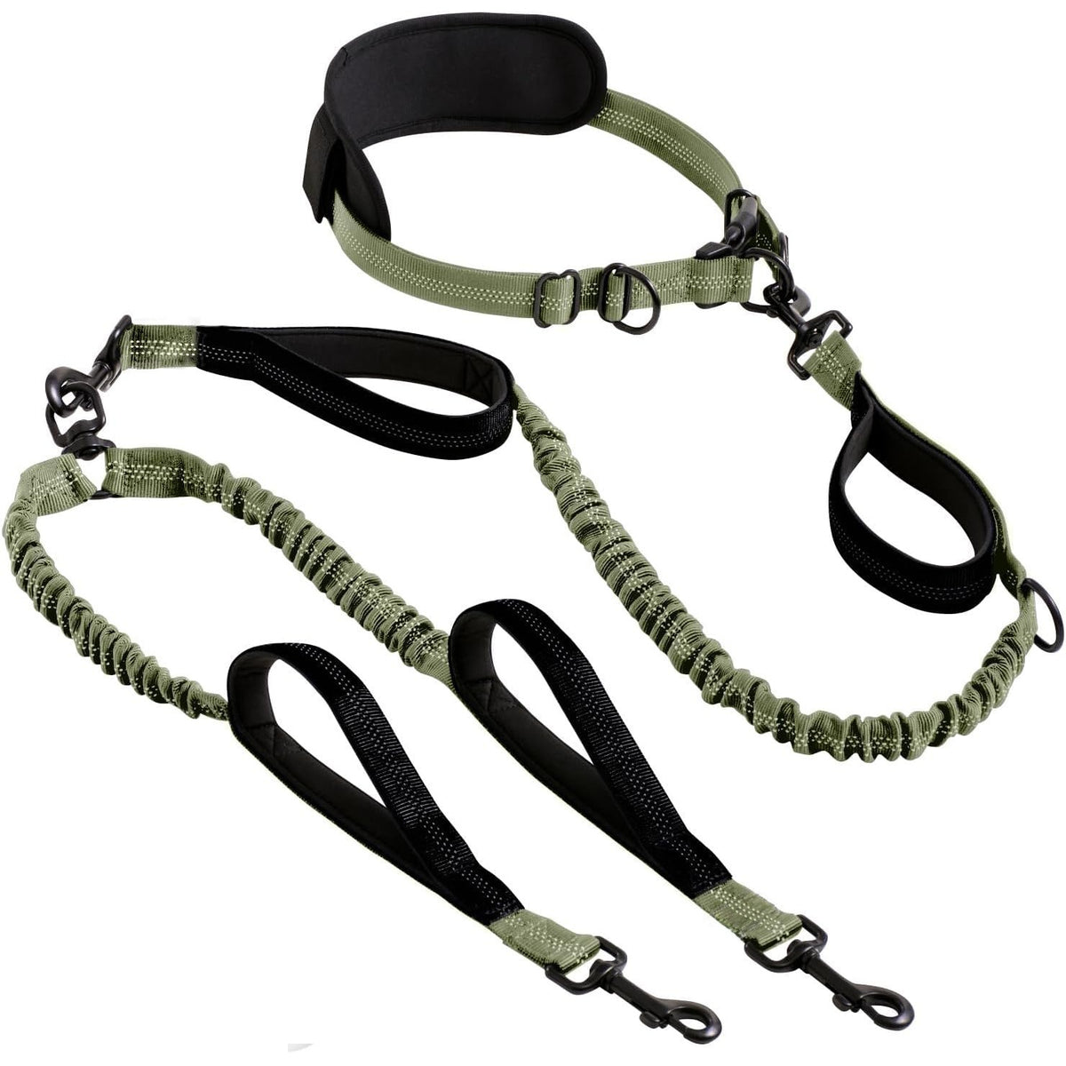 Hands-free double dog lead with bungee buffer, ideal for everyday use