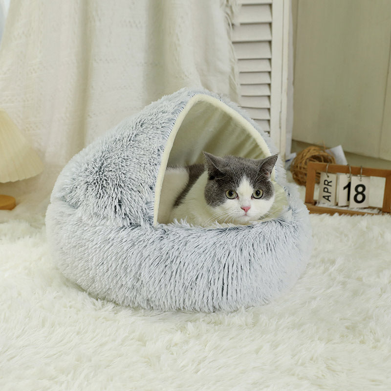Gradient grey semi-enclosed shell cat bed in short velvet, photo 4
