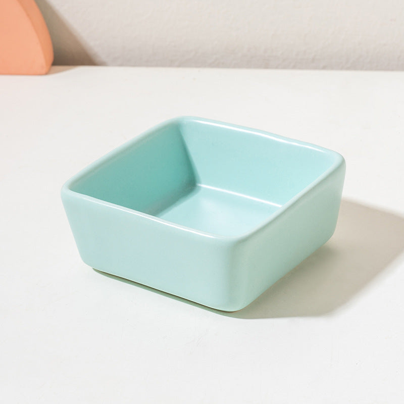 Square ceramic pet dishes on a raised bamboo feeding tray, view 8