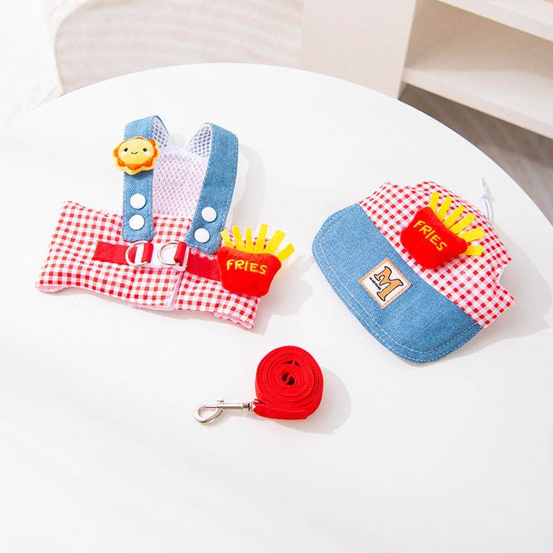 Denim and check pet harness and hat set, 6 sizes available