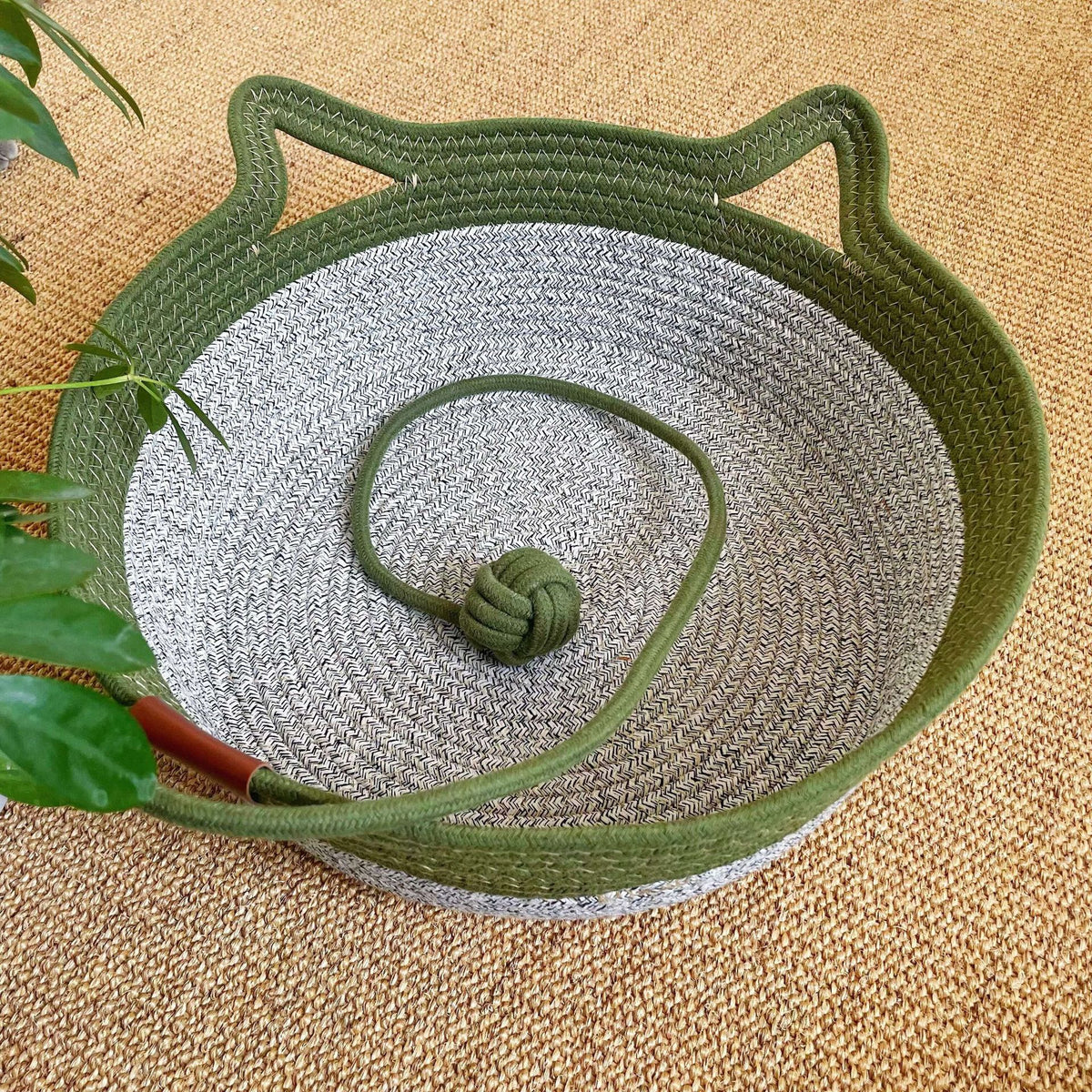 Small woven rattan cat nest in macaron blue with ball, view 28