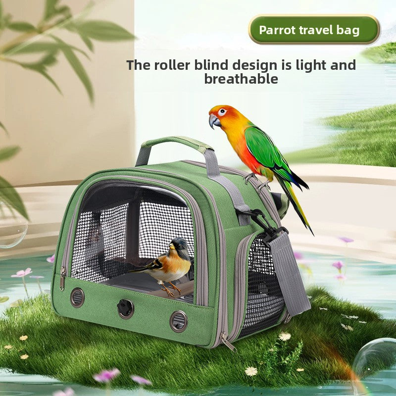Green breathable bird carrier shoulder bag with mesh windows, view 1