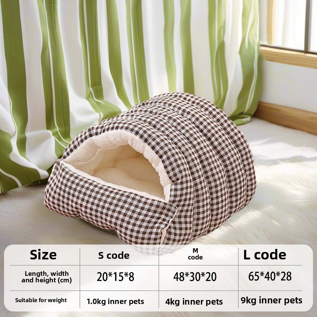 Enclosed warm cat nest with checked fabric and removable cushion, view 10 of 12