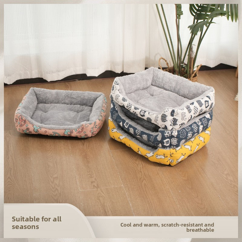 Cotton and linen pet bed mat with blue lucky cat print, view 3