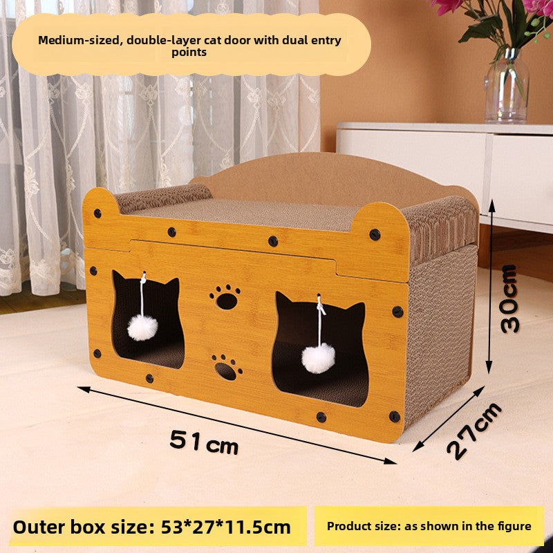 Corrugated cardboard cat scratcher house and den, detail and texture view