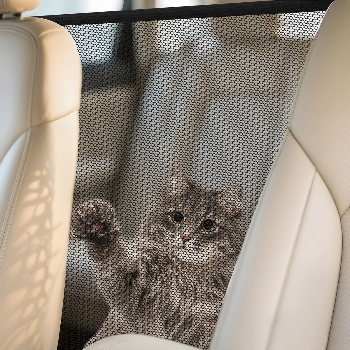 Black nylon mesh divider keeping a dog on the back seat