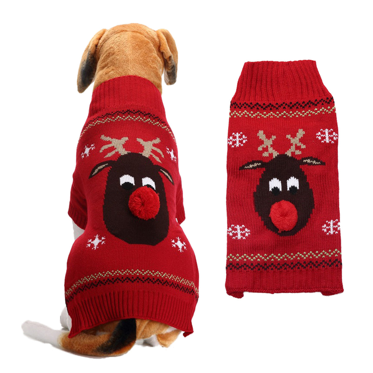 Christmas knitted dog jumper with festive pattern in Blue Christmas Snowman, in a home setting
