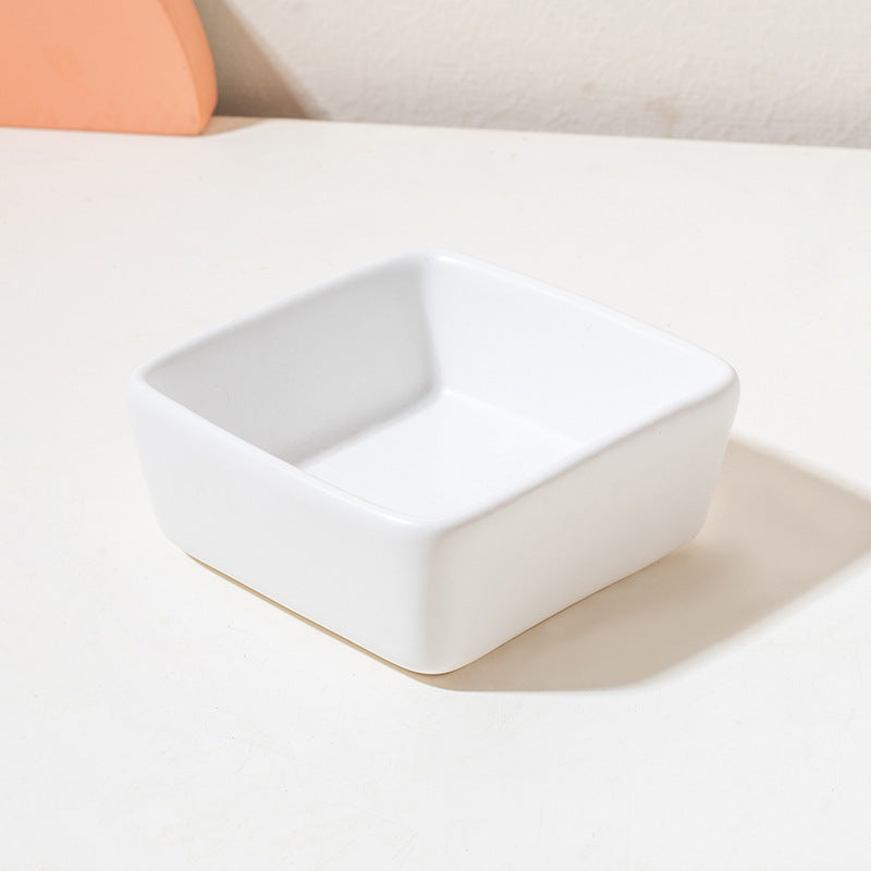 Square ceramic pet dishes on a raised bamboo feeding tray, view 6